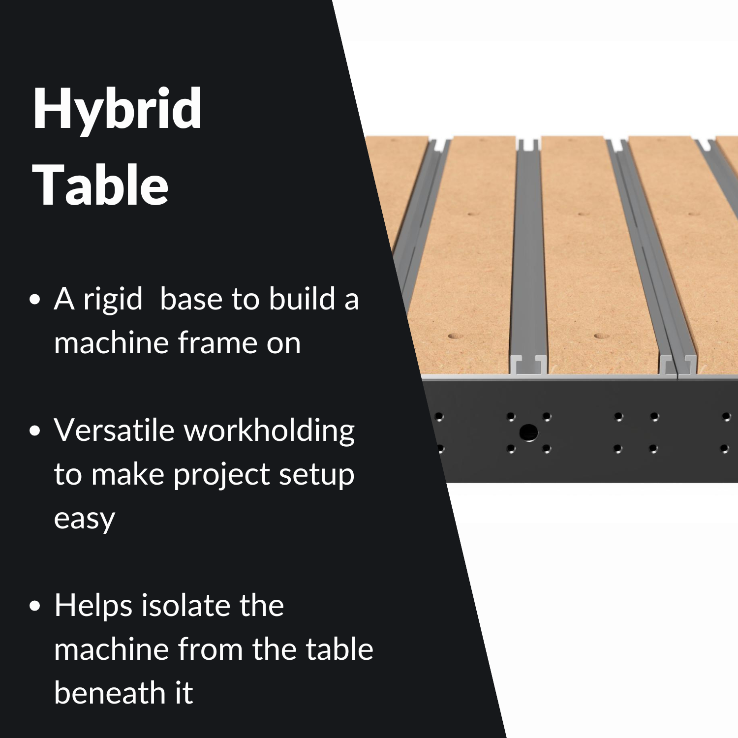 Hybrid table with text describing its features on a black and white background