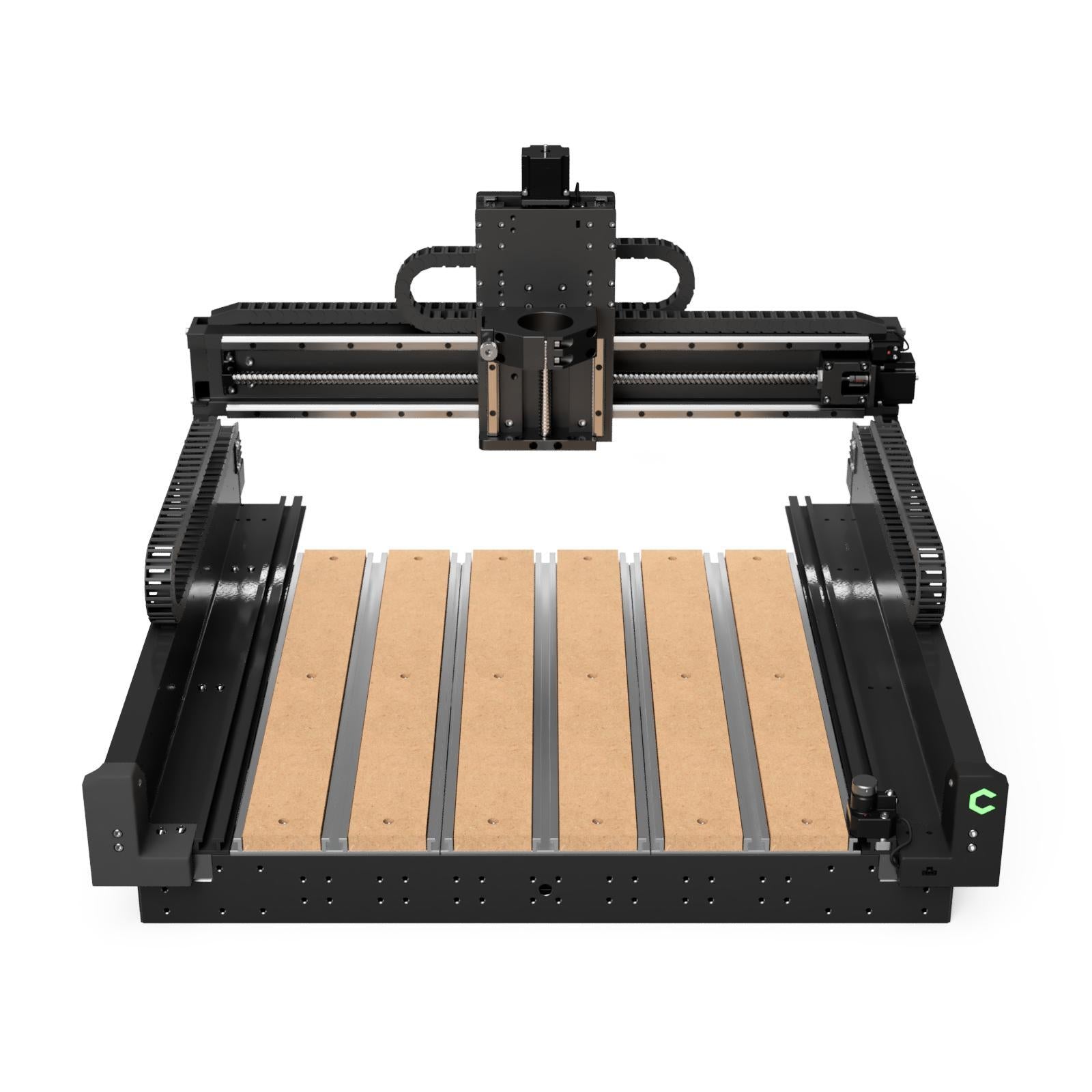 CNC machine with a wooden worktable on a white background